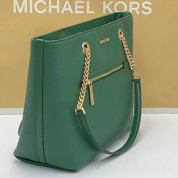 Michael Kors Jet Set Item Medium Front Pocket Shoulder Chain Tote JEWEL GREEN